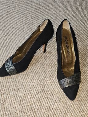Rare! EUC Vintage Yves Saint Laurent Black & Metallic Suede Point Toe Pumps